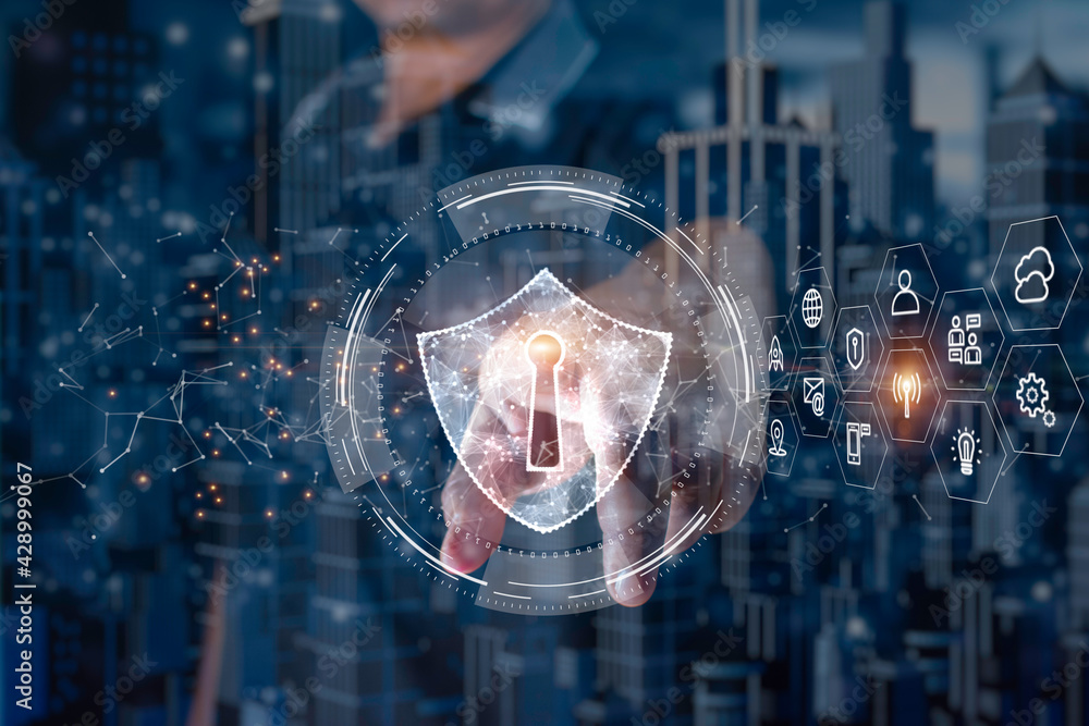 Poster finger touch shield icon and hud of cyber security in smart city, digital data network protection, t
