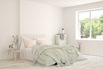Soft color bedroom interior. Scandinavian design. 3D illustration