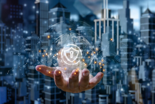 Shield Icon and HUD in hands of cyber security in smart city, Digital Data Network Protection, Technology global network big data analysis background concept