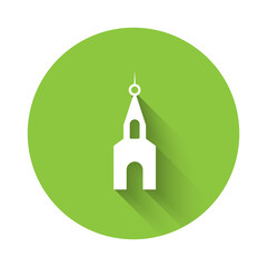 White Church building icon isolated with long shadow. Christian Church. Religion of church. Green circle button. Vector