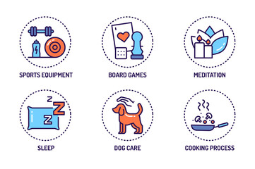 Home leisure line color icons set. Homework: Cleaning, Cooking, Yoga. Isolated vector element.