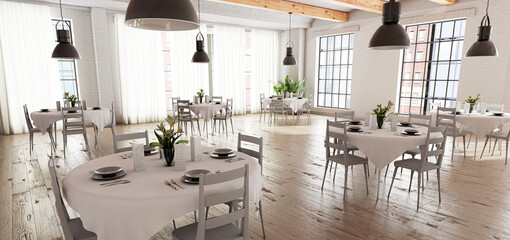 Wedding or restaurant room in bright loft-style with tables, white place setting, and tableware