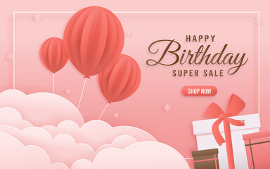 Online shop banners discount pink color Birthday Theme. Celebration voucher Happy birthday. decorating with gift box, balloon. paper cut, and papercraft style vector illustrator.