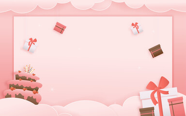 Decorated birthday card beautiful three gift box in the could paper style, paper cut, and papercraft. gift box hanging on the wall decorated with clouds and cake. Sweet pink background. 