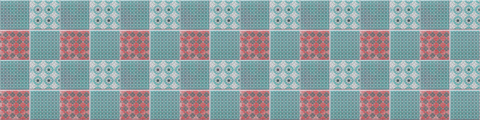 Seamless turquoise red vintage retro geometric square mosaic flower leaf ornate motif cement tiles wall texture background banner panorama.
