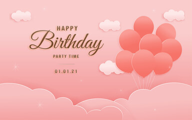 Decorated birthday card beautiful balloon on could paper style, paper cut, and papercraft. Online shop banners discount pink color Birthday Theme. Vector illustration.
