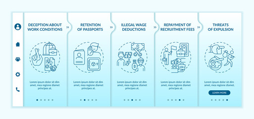 Migrant workers rights violations onboarding vector template. Responsive mobile website with icons. Web page walkthrough 5 step screens. Discrimination color concept with linear illustrations