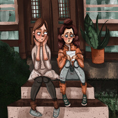 Illustration of sad girls on the porch of the house.