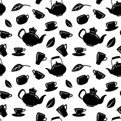 Seamless pattern with teapot and tea cups on white background