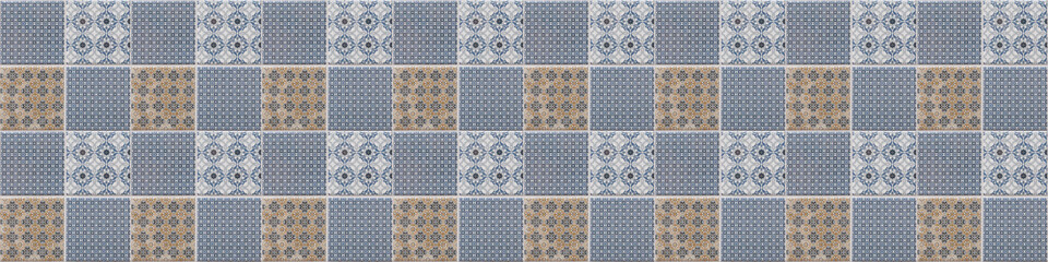Seamless blue gray brown vintage retro geometric square mosaic flower leaf ornate motif cement tiles wall texture background banner panorama.