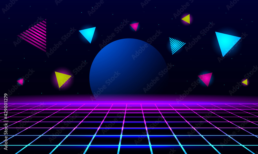 Aufkleber planet and geometric triangles on the background of the landscape laser grid in space.