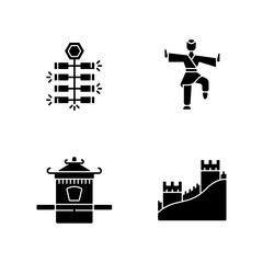 Traditional China black glyph icons set on white space. Chinese firecrackers. Kung Fu. Sedan chair. Great Chinese Wall. Asian culture. Eastern history. Silhouette symbols. Vector isolated illustration