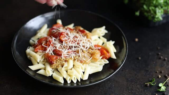 eggplant pasta sprinkle cheese tomato sauce pasta alla norma vegetables second course snack trend meal copy space food background rustic