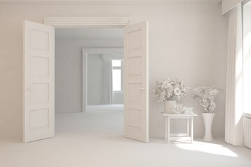 Empty room in white color. Scandinavian interior design. 3D illustration