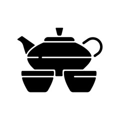 Chinese tea set black glyph icon. Kitchen utensils. Serving hot drink. Traditional chinese ceremony. Ancient japanese culture. Silhouette symbol on white space. Vector isolated illustration