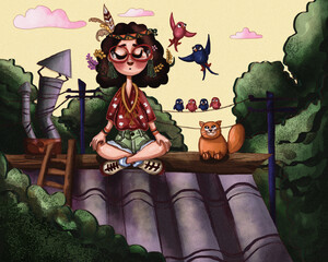 Illustration of a cute girl on the roof with a cat.