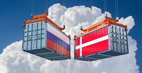 Freight containers with Russia and Denmark national flags. 3D Rendering 