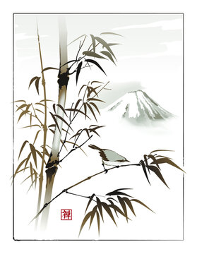 A small bird sits on a bamboo stalk. The text in seal is the hieroglyph "Zen". Vector illustration in traditional oriental style.