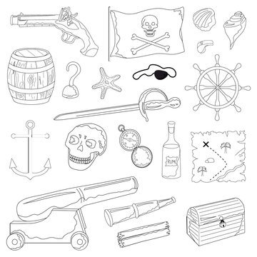 Set of outline elements for coloring book. Collection of objects for a pirate party. white background. Hand drawing. cartoon style. Vector illustration.