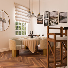 modern living room with kitchen, 3d render