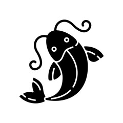 Koi fish black glyph icon. Traditional Japanese symbol of luck. Water pond creature. Exotic carp, sign of prosperity. Chinese culture. Silhouette symbol on white space. Vector isolated illustration