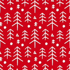 Seamless christmas red pattern with with fir trees. Winter snowy forest background