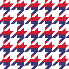 Fototapeta na wymiar Hundstooth pattern design in USA colors - funny drawing seamless ocelot pattern. Poster or t-shirt textile graphic design. wallpaper, wrapping paper. Happy Independence Day. Red, white and blue