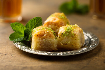 Traditional homemade Turkish baklava with pistachios
