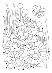 A butterfly flies over flowers in the garden. Coloring page. Line art. Black and white vector illustration for coloring. Art therapy.