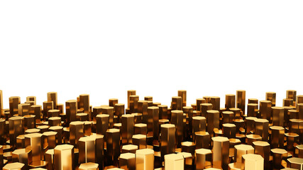 Gold abstract luxury background. Shapes of gold. Geometric polygon objects. Hexagonal columns. 3d rendering illustration. High resolution.