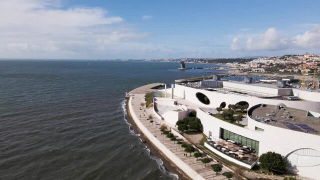 Lisbon, Portugal - 15 April 2021: Aerial view of Champalimaud Foundation along Tagus River in Belem district, Lisbon, Portugal.