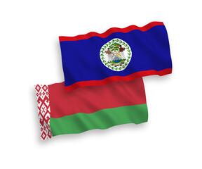 National vector fabric wave flags of Belize and Belarus isolated on white background. 1 to 2 proportion.