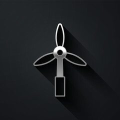 Silver Wind turbine icon isolated on black background. Wind generator sign. Windmill for electric power production. Long shadow style. Vector