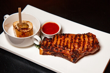 steak on a plate with sauce, food, restaurant