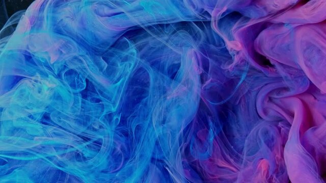 Cloud of silky ink in water isolated on black background. Colorful ink in water, ink drop. Purple, blue, pink.