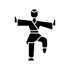 Kung Fu black glyph icon. Martial arts training. Karate class. Traditional fighting. Chinese athlete. Japanese fighter. Taekwondo pose. Silhouette symbol on white space. Vector isolated illustration