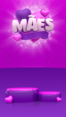 Realistic 3D heart-shaped label in Brazilian Portuguese. The name Maes means Mothers. 3D illustration