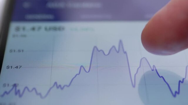 Online trading, stock market research. A Businessman, touches screen of a smartphone with finger, is interested in Cryptocurrency rate. Financial news, stock exchange. Bitcoin. Zoom. Slow motion.