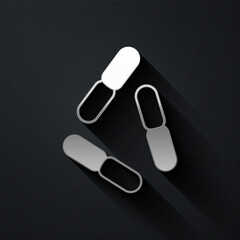 Silver Virus icon isolated on black background. Corona virus 2019-nCoV. Bacteria and germs, cell cancer, microbe, fungi. Long shadow style. Vector