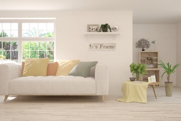 Minimalist living room in white color with sofa and summer landscape in window. Scandinavian interior design. 3D illustration