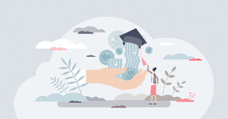 Scholarship credit for students education tuition payment tiny person concept. Money investment in knowledge and future university graduation vector illustration. Academic learning expenses funding.