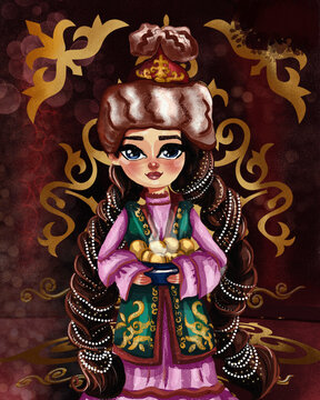 Illustration of a cute girl in a beautiful dress with a Kazakh ornament and delicious donuts.