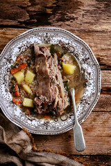 Buckwheat soup with beef ribs.style rustic