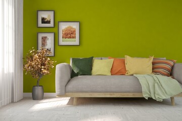Colorful living room with sofa. Scandinavian interior design. 3D illustration