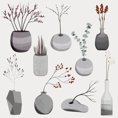 Vector collection of gray vases with different plants. Hand drawn set of stylish vases with branches, twig, berries and other plants. Stylish flat elements for your desing isolated on white background