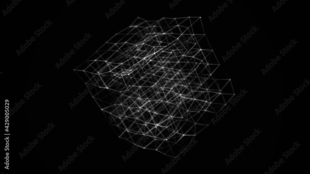 Poster Abstract wireframe cube. Digital blockchain concept. Futuristic blue background with dots and lines. 3D rendering.