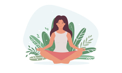 Obraz na płótnie Canvas Girl doing yoga. Woman sitting in lotus position. The concept of physical health and exercises for well-being. Harmony and balance. Vector illustration in flat style