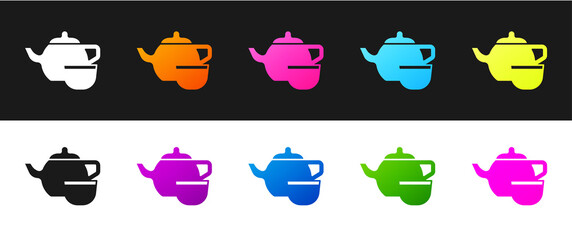Set Traditional Chinese tea ceremony icon isolated on black and white background. Teapot with cup. Vector
