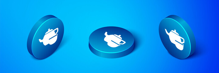 Isometric Traditional Chinese tea ceremony icon isolated on blue background. Teapot with cup. Blue circle button. Vector