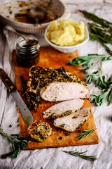 Garlic herb butter roasted turkey breast. .style rustic.